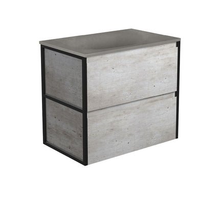 Fienza Amato Industrial 750 Wall Hung Cabinet, Solid Panels, Bevelled Edge , With Moulded Basin-Top - Satori Concrete Matte Black Frames