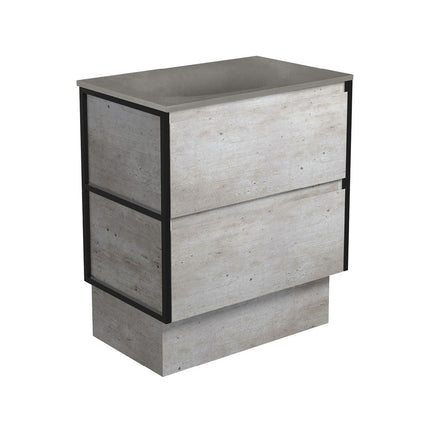 Fienza Amato Industrial 750 Cabinet on Kickboard, Solid Panels, Bevelled Edge , With Moulded Basin-Top - Satori Concrete Matte Black Frames