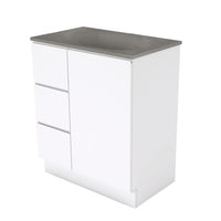 Fienza Fingerpull Gloss White 750 Cabinet on Kickboard, Solid Door , With Moulded Basin-Top - Satori Concrete Left Hand Drawer
