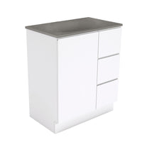Fienza Fingerpull Gloss White 750 Cabinet on Kickboard, Solid Door , With Moulded Basin-Top - Satori Concrete Right Hand Drawer
