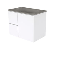 Fienza Fingerpull Gloss White 750 Wall Hung Cabinet, Solid Door , With Moulded Basin-Top - Satori Concrete Left Hand Drawer
