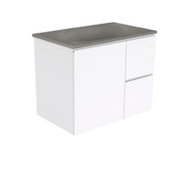 Fienza Fingerpull Gloss White 750 Wall Hung Cabinet, Solid Door , With Moulded Basin-Top - Satori Concrete Right Hand Drawer