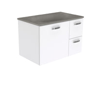Fienza UniCab Gloss White 750 Wall Hung Cabinet, Solid Door , With Moulded Basin-Top - Satori Concrete Right Hand Drawer