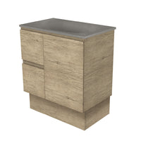Fienza Edge Scandi Oak 750 Cabinet on Kickboard, Bevelled Edge , With Moulded Basin-Top - Satori Concrete Left Hand Drawer