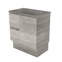Fienza Edge Industrial 750 Cabinet on Kickboard, Bevelled Edge , With Moulded Basin-Top - Satori Concrete Left Hand Drawer