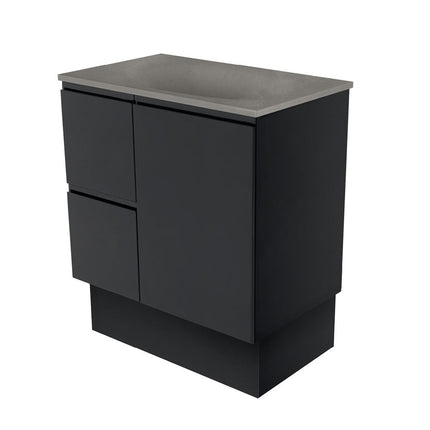 Fienza Fingerpull Satin Black 750 Cabinet on Kickboard , With Moulded Basin-Top - Satori Concrete Left Hand Drawer