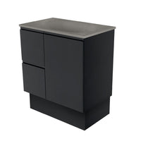 Fienza Fingerpull Satin Black 750 Cabinet on Kickboard , With Moulded Basin-Top - Satori Concrete Left Hand Drawer