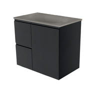 Fienza Fingerpull Satin Black 750 Wall Hung Cabinet, Solid Door , With Moulded Basin-Top - Satori Concrete Left Hand Drawer