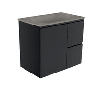 Fienza Fingerpull Satin Black 750 Wall Hung Cabinet, Solid Door , With Moulded Basin-Top - Satori Concrete Right Hand Drawer