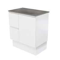 Fienza Fingerpull Satin White 750 Cabinet on Kickboard , With Moulded Basin-Top - Satori Concrete Left Hand Drawer