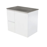 Fienza Fingerpull Satin White 750 Wall Hung Cabinet, Solid Door , With Moulded Basin-Top - Satori Concrete Left Hand Drawer