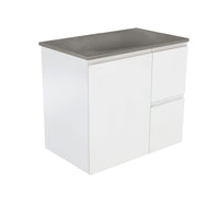 Fienza Fingerpull Satin White 750 Wall Hung Cabinet, Solid Door , With Moulded Basin-Top - Satori Concrete Right Hand Drawer