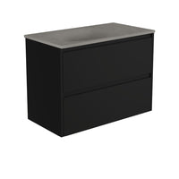 Fienza Amato Satin Black 900 Wall Hung Cabinet, 2 Solid Drawers, Bevelled Edge , With Moulded Basin-Top - Satori Concrete Satin Black Panels