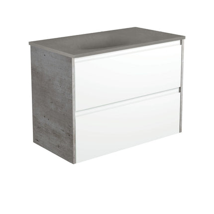 Fienza Amato Satin White 900 Wall Hung Cabinet, 2 Solid Drawers, Bevelled Edge , With Moulded Basin-Top - Satori Concrete Industrial Panels