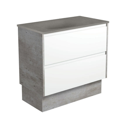 Fienza Amato Satin White 900 Cabinet on Kickboard, Solid Panels, Bevelled Edge , With Moulded Basin-Top - Satori Concrete Industrial Panels