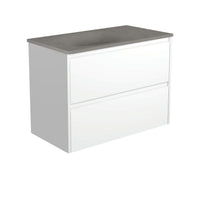 Fienza Amato Satin White 900 Wall Hung Cabinet, 2 Solid Drawers, Bevelled Edge , With Moulded Basin-Top - Satori Concrete Satin White Panels