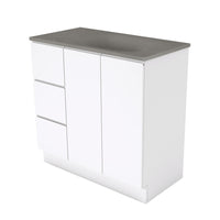Fienza Fingerpull Gloss White 900 Cabinet on Kickboard , With Moulded Basin-Top - Satori Concrete Left Hand Drawer
