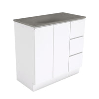 Fienza Fingerpull Gloss White 900 Cabinet on Kickboard , With Moulded Basin-Top - Satori Concrete Right Hand Drawer