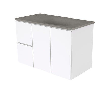 Fienza Fingerpull Gloss White 900 Wall Hung Cabinet, 2 Solid Drawers, Bevelled Edge , With Moulded Basin-Top - Satori Concrete Left Hand Drawer