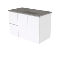 Fienza Fingerpull Gloss White 900 Wall Hung Cabinet, 2 Solid Drawers, Bevelled Edge , With Moulded Basin-Top - Satori Concrete Left Hand Drawer
