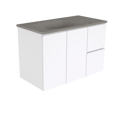 Fienza Fingerpull Gloss White 900 Wall Hung Cabinet, 2 Solid Drawers, Bevelled Edge , With Moulded Basin-Top - Satori Concrete Right Hand Drawer