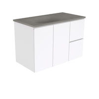 Fienza Fingerpull Gloss White 900 Wall Hung Cabinet, 2 Solid Drawers, Bevelled Edge , With Moulded Basin-Top - Satori Concrete Right Hand Drawer