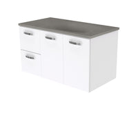 Fienza UniCab Gloss White 900 Wall Hung Cabinet, Solid Doors , With Moulded Basin-Top - Satori Concrete Left Hand Drawer