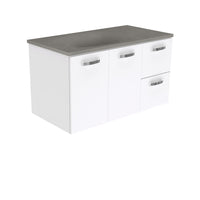 Fienza UniCab Gloss White 900 Wall Hung Cabinet, Solid Doors , With Moulded Basin-Top - Satori Concrete Right Hand Drawer