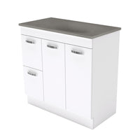 Fienza UniCab Gloss White 900 Cabinet on Kickboard, Solid Doors , With Moulded Basin-Top - Satori Concrete Left Hand Drawer