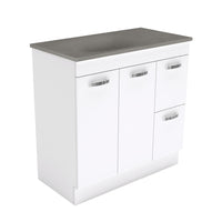 Fienza UniCab Gloss White 900 Cabinet on Kickboard, Solid Doors , With Moulded Basin-Top - Satori Concrete Right Hand Drawer