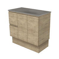 Fienza Edge Scandi Oak 900 Cabinet on Kickboard, Bevelled Edge , With Moulded Basin-Top - Satori Concrete Left Hand Drawer