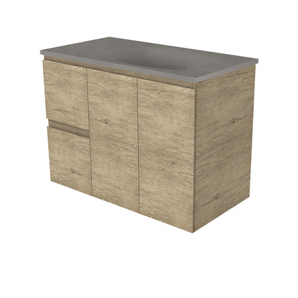 Fienza Edge Scandi Oak 900 Wall Hung Cabinet, Solid Doors, Bevelled Edge , With Moulded Basin-Top - Satori Concrete Left Hand Drawer