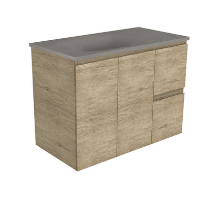 Fienza Edge Scandi Oak 900 Wall Hung Cabinet, Solid Doors, Bevelled Edge , With Moulded Basin-Top - Satori Concrete Right Hand Drawer