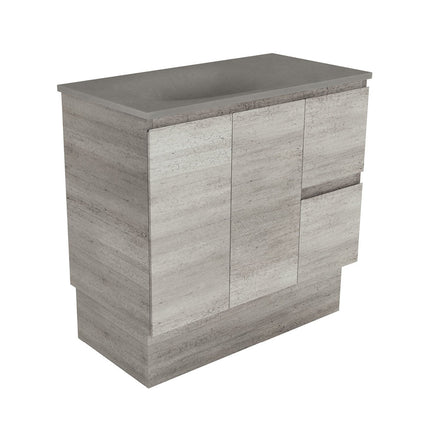 Fienza Edge Industrial 900 Cabinet on Kickboard, Solid Doors, Bevelled Edge , With Moulded Basin-Top - Satori Concrete Right Hand Drawer