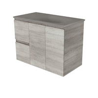 Fienza Edge Industrial 900 Wall Hung Cabinet, Solid Doors, Bevelled Edge , With Moulded Basin-Top - Satori Concrete Left Hand Drawer