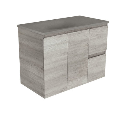 Fienza Edge Industrial 900 Wall Hung Cabinet, Solid Doors, Bevelled Edge , With Moulded Basin-Top - Satori Concrete Right Hand Drawer