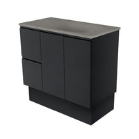 Fienza Fingerpull Satin Black 900 Cabinet on Kickboard, Solid Doors , With Moulded Basin-Top - Satori Concrete Left Hand Drawer