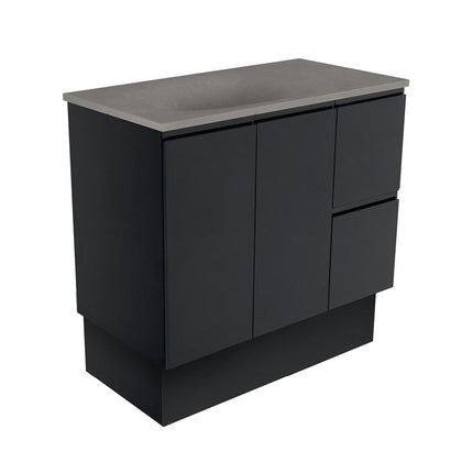 Fienza Fingerpull Satin Black 900 Cabinet on Kickboard, Solid Doors , With Moulded Basin-Top - Satori Concrete Right Hand Drawer