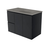 Fienza Fingerpull Satin Black 900 Wall Hung Cabinet, Solid Doors , With Moulded Basin-Top - Satori Concrete Left Hand Drawer
