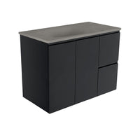 Fienza Fingerpull Satin Black 900 Wall Hung Cabinet, Solid Doors , With Moulded Basin-Top - Satori Concrete Right Hand Drawer