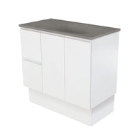 Fienza Fingerpull Satin White 900 Cabinet on Kickboard, Solid Doors , With Moulded Basin-Top - Satori Concrete Left Hand Drawer