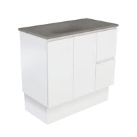 Fienza Fingerpull Satin White 900 Cabinet on Kickboard, Solid Doors , With Moulded Basin-Top - Satori Concrete Right Hand Drawer