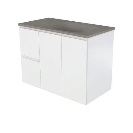 Fienza Fingerpull Satin White 900 Wall Hung Cabinet, Solid Doors , With Moulded Basin-Top - Satori Concrete Left Hand Drawer