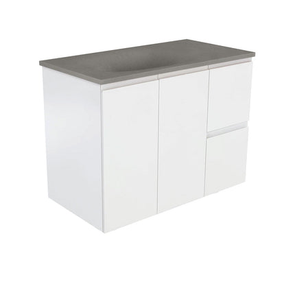 Fienza Fingerpull Satin White 900 Wall Hung Cabinet, Solid Doors , With Moulded Basin-Top - Satori Concrete Right Hand Drawer