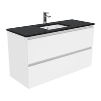 Fienza Quest Gloss White 1200 Wall Hung Cabinet, 2 Solid Drawers , With Stone Top - Black Sparkle