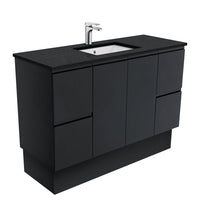 Fienza Fingerpull Satin Black 1200 Cabinet on Kickboard, Solid Doors , With Stone Top - Black Sparkle
