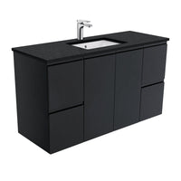 Fienza Fingerpull Satin Black 1200 Wall Hung Cabinet, Solid Doors , With Stone Top - Black Sparkle