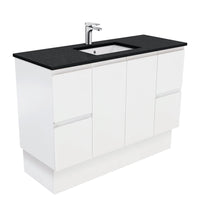 Fienza Fingerpull Satin White 1200 Cabinet on Kickboard, Solid Doors , With Stone Top - Black Sparkle
