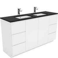 Fienza Fingerpull Gloss White 1500 Cabinet on Kickboard, Solid Doors , With Stone Top - Black Sparkle Double Bowl