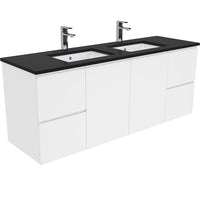 Fienza Fingerpull Gloss White 1500 Wall Hung Cabinet, Solid Doors , With Stone Top - Black Sparkle Double Bowl